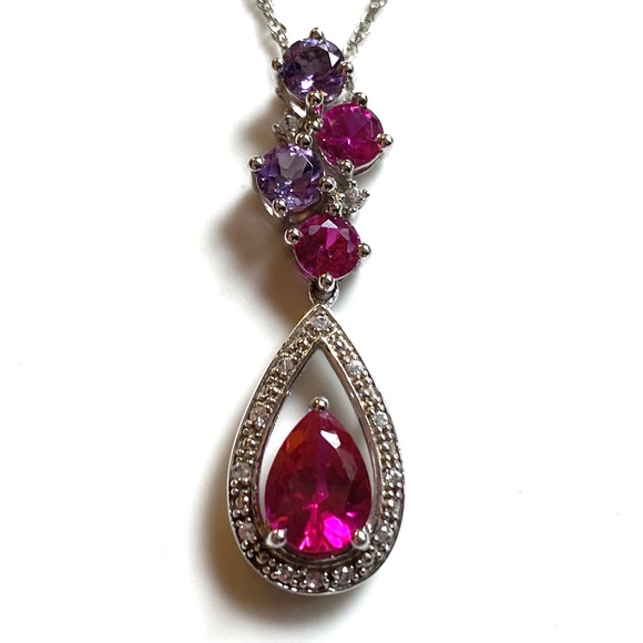 Sterling Silver Multi Stone Teardrop Pendant Necklace - Picture 2 of 4